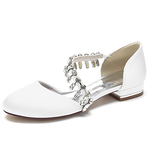 ZZQCCHL Frauen Braut Wohnungen Runde Zehe Ballett Wohnungen Satin Slip auf Brautjungfer Hochzeit Sandalen mit Strass,Weiß,36 EU von ZZQCCHL