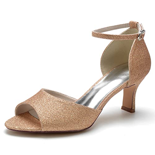 ZZQCCHL Frauen Glitter Sandalen Knöchelriemen Braut Schuhe Low Mid Heel Peep Toe Hochzeit Kleid Schuhe,Champagne,39 EU von ZZQCCHL