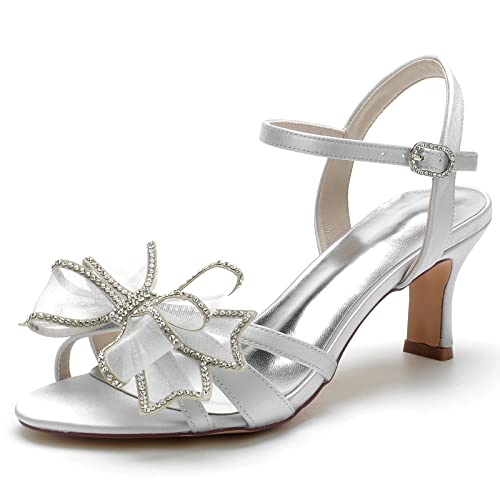 ZZQCCHL Frauen Low Mid Heel Hochzeit Sandalen Knöchelriemen Satin Brautschuhe Elfenbein Open Toe Party Prom Kleid Schuhe,Silber,37 EU von ZZQCCHL