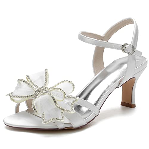 ZZQCCHL Frauen Low Mid Heel Hochzeit Sandalen Knöchelriemen Satin Brautschuhe Elfenbein Open Toe Party Prom Kleid Schuhe,Weiß,36 EU von ZZQCCHL