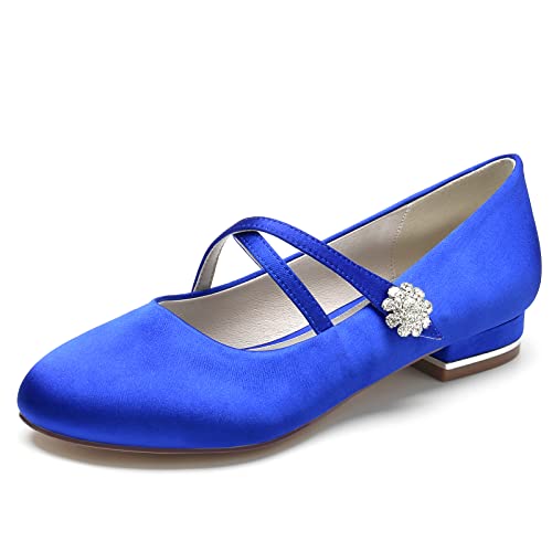 ZZQCCHL Frauen Satin Ballett Wohnungen Runde Zehe Braut Wohnungen Slip-On Abend Formale Hochzeitskleid Schuhe mit Kreuz Strap,Blau,38 EU von ZZQCCHL