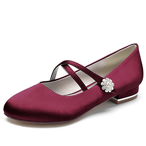 ZZQCCHL Frauen Satin Ballett Wohnungen Runde Zehe Braut Wohnungen Slip-On Abend Formale Hochzeitskleid Schuhe mit Kreuz Strap,Burgundy,37 EU von ZZQCCHL