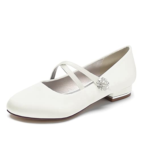 ZZQCCHL Frauen Satin Ballett Wohnungen Runde Zehe Braut Wohnungen Slip-On Abend Formale Hochzeitskleid Schuhe mit Kreuz Strap,Elfenbein,38 EU von ZZQCCHL