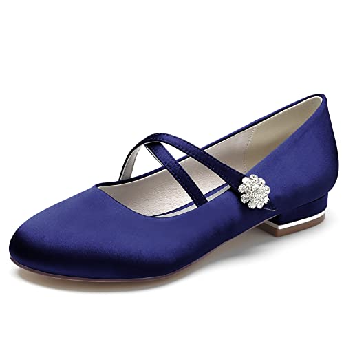 ZZQCCHL Frauen Satin Ballett Wohnungen Runde Zehe Braut Wohnungen Slip-On Abend Formale Hochzeitskleid Schuhe mit Kreuz Strap,Marine,37 EU von ZZQCCHL