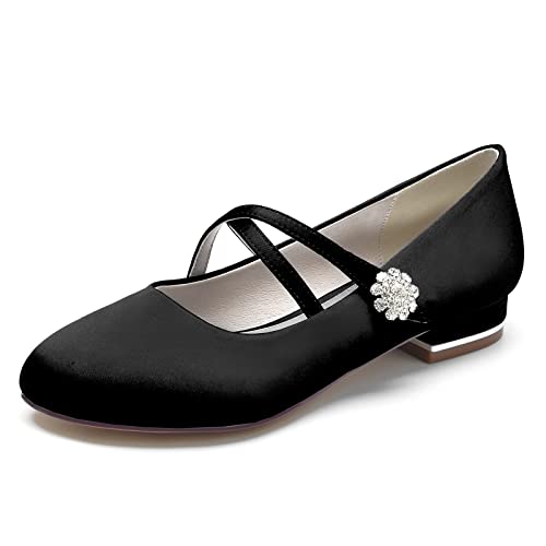 ZZQCCHL Frauen Satin Ballett Wohnungen Runde Zehe Braut Wohnungen Slip-On Abend Formale Hochzeitskleid Schuhe mit Kreuz Strap,Schwarz,43 EU von ZZQCCHL