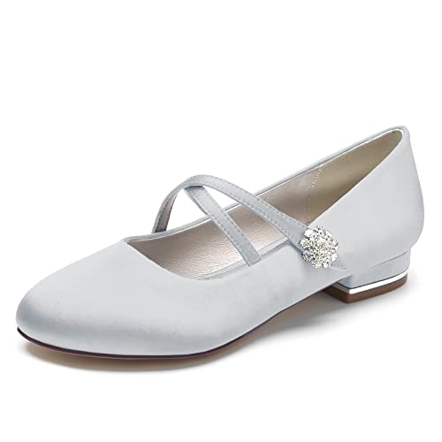 ZZQCCHL Frauen Satin Ballett Wohnungen Runde Zehe Braut Wohnungen Slip-On Abend Formale Hochzeitskleid Schuhe mit Kreuz Strap,Silber,41 EU von ZZQCCHL