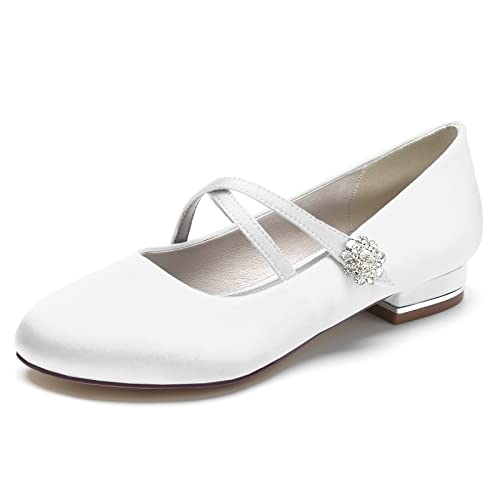 ZZQCCHL Frauen Satin Ballett Wohnungen Runde Zehe Braut Wohnungen Slip-On Abend Formale Hochzeitskleid Schuhe mit Kreuz Strap,Weiß,36 EU von ZZQCCHL