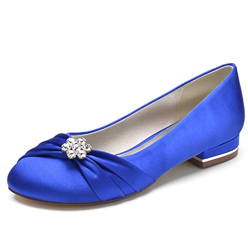 ZZQCCHL Frauen Satin Braut Wohnungen für Hochzeit Strass Runde Zehe Ballett Schuhe Slip-on Prom Abend Party Kleid Schuhe,Blau,39 EU von ZZQCCHL