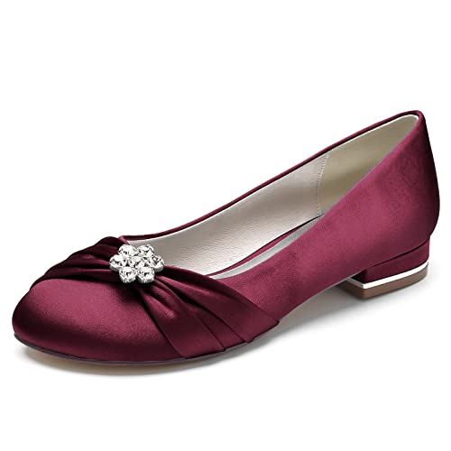 ZZQCCHL Frauen Satin Braut Wohnungen für Hochzeit Strass Runde Zehe Ballett Schuhe Slip-on Prom Abend Party Kleid Schuhe,Burgundy,38 EU von ZZQCCHL