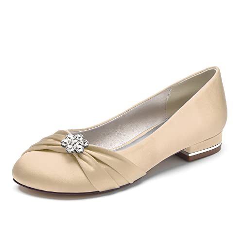 ZZQCCHL Frauen Satin Braut Wohnungen für Hochzeit Strass Runde Zehe Ballett Schuhe Slip-on Prom Abend Party Kleid Schuhe,Champagne,40 EU von ZZQCCHL