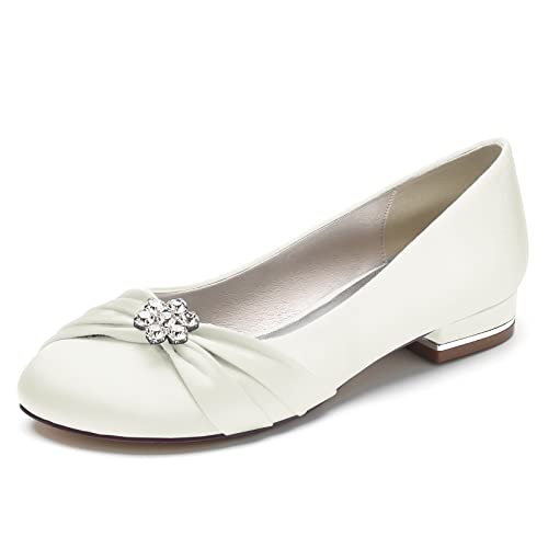 ZZQCCHL Frauen Satin Braut Wohnungen für Hochzeit Strass Runde Zehe Ballett Schuhe Slip-on Prom Abend Party Kleid Schuhe,Elfenbein,36 EU von ZZQCCHL