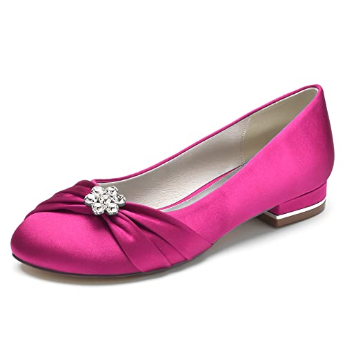 ZZQCCHL Frauen Satin Braut Wohnungen für Hochzeit Strass Runde Zehe Ballett Schuhe Slip-on Prom Abend Party Kleid Schuhe,Fuchsia,38 EU von ZZQCCHL