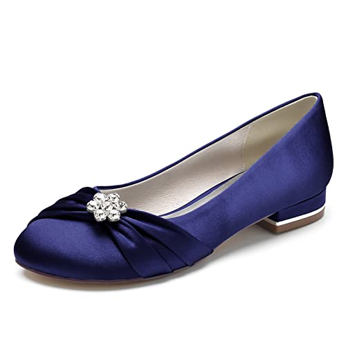 ZZQCCHL Frauen Satin Braut Wohnungen für Hochzeit Strass Runde Zehe Ballett Schuhe Slip-on Prom Abend Party Kleid Schuhe,Marine,38 EU von ZZQCCHL