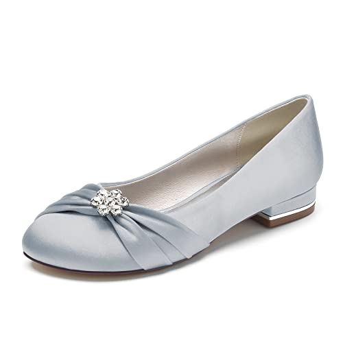 ZZQCCHL Frauen Satin Braut Wohnungen für Hochzeit Strass Runde Zehe Ballett Schuhe Slip-on Prom Abend Party Kleid Schuhe,Silber,42 EU von ZZQCCHL