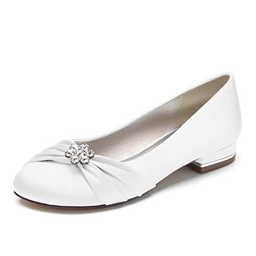 ZZQCCHL Frauen Satin Braut Wohnungen für Hochzeit Strass Runde Zehe Ballett Schuhe Slip-on Prom Abend Party Kleid Schuhe,Weiß,37 EU von ZZQCCHL