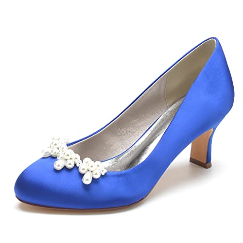 ZZQCCHL Frauen Satin Runde Zehe Brautschuhe Slip-On Kitten Heel Hochzeit Pumps Prom Party Mary Jane Schuhe mit Perle,Blau,39 EU von ZZQCCHL