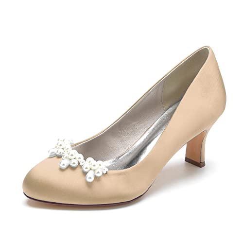 ZZQCCHL Frauen Satin Runde Zehe Brautschuhe Slip-On Kitten Heel Hochzeit Pumps Prom Party Mary Jane Schuhe mit Perle,Champagne,39 EU von ZZQCCHL