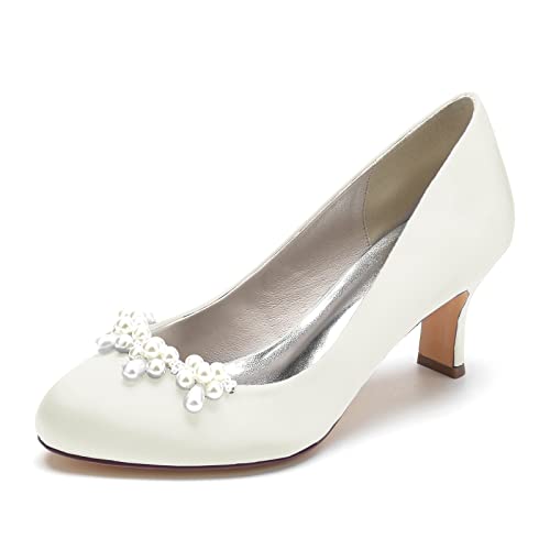 ZZQCCHL Frauen Satin Runde Zehe Brautschuhe Slip-On Kitten Heel Hochzeit Pumps Prom Party Mary Jane Schuhe mit Perle,Elfenbein,38 EU von ZZQCCHL