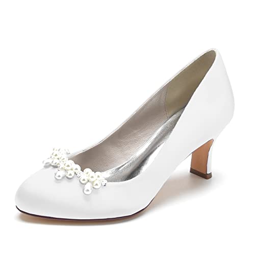 ZZQCCHL Frauen Satin Runde Zehe Brautschuhe Slip-On Kitten Heel Hochzeit Pumps Prom Party Mary Jane Schuhe mit Perle,Weiß,37 EU von ZZQCCHL