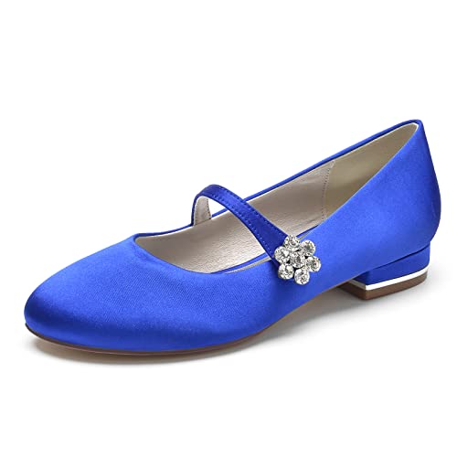 ZZQCCHL Frauen Slip-on Braut Wohnungen Satin Strass Hochzeit Schuhe Runde Zehe Abend Party Kleid Ballett Schuhe,Blau,37 EU von ZZQCCHL