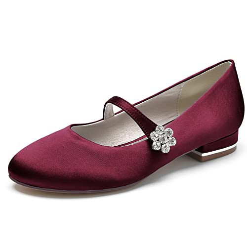 ZZQCCHL Frauen Slip-on Braut Wohnungen Satin Strass Hochzeit Schuhe Runde Zehe Abend Party Kleid Ballett Schuhe,Burgundy,40 EU von ZZQCCHL