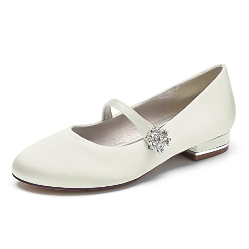 ZZQCCHL Frauen Slip-on Braut Wohnungen Satin Strass Hochzeit Schuhe Runde Zehe Abend Party Kleid Ballett Schuhe,Elfenbein,37 EU von ZZQCCHL