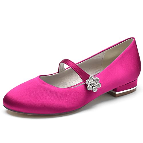 ZZQCCHL Frauen Slip-on Braut Wohnungen Satin Strass Hochzeit Schuhe Runde Zehe Abend Party Kleid Ballett Schuhe,Fuchsia,37 EU von ZZQCCHL