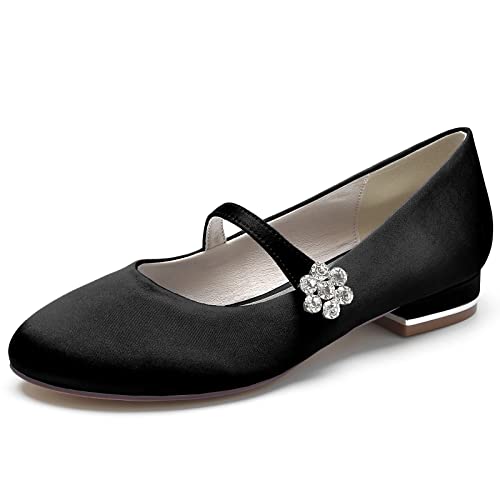 ZZQCCHL Frauen Slip-on Braut Wohnungen Satin Strass Hochzeit Schuhe Runde Zehe Abend Party Kleid Ballett Schuhe,Schwarz,40 EU von ZZQCCHL