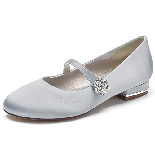 ZZQCCHL Frauen Slip-on Braut Wohnungen Satin Strass Hochzeit Schuhe Runde Zehe Abend Party Kleid Ballett Schuhe,Silber,38 EU von ZZQCCHL