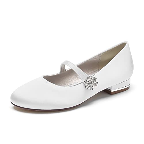 ZZQCCHL Frauen Slip-on Braut Wohnungen Satin Strass Hochzeit Schuhe Runde Zehe Abend Party Kleid Ballett Schuhe,Weiß,41 EU von ZZQCCHL