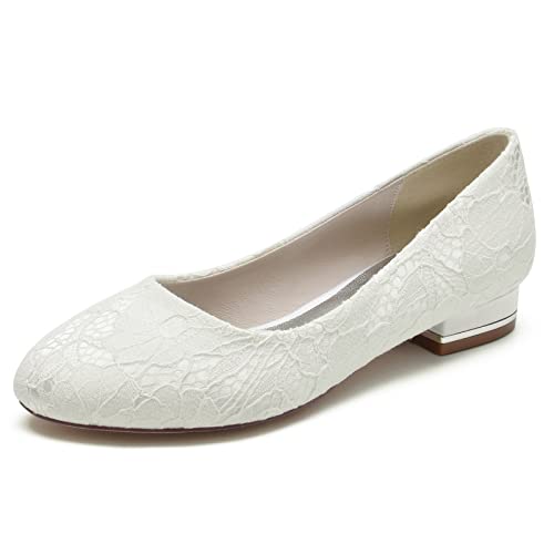 ZZQCCHL Frauen Spitze Ballett Flach Slip auf Runde Zehe Hochzeit Flache Schuhe für Braut Brautjungfer Kleid Schuhe,Elfenbein,37 EU von ZZQCCHL