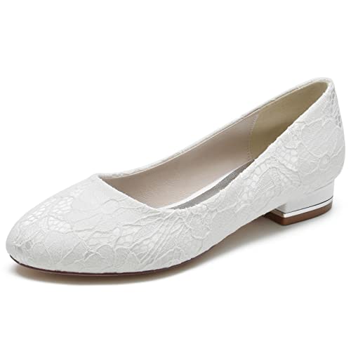 ZZQCCHL Frauen Spitze Ballett Flach Slip auf Runde Zehe Hochzeit Flache Schuhe für Braut Brautjungfer Kleid Schuhe,Weiß,36 EU von ZZQCCHL