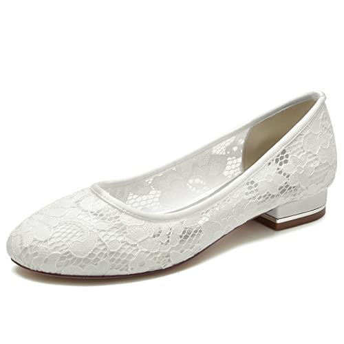 ZZQCCHL Frauen Spitze Mesh Brautschuhe Slip-on Runde Zehe Hochzeit Wohnungen Ballett Formal Kleid Schuhe,Elfenbein,36 EU von ZZQCCHL