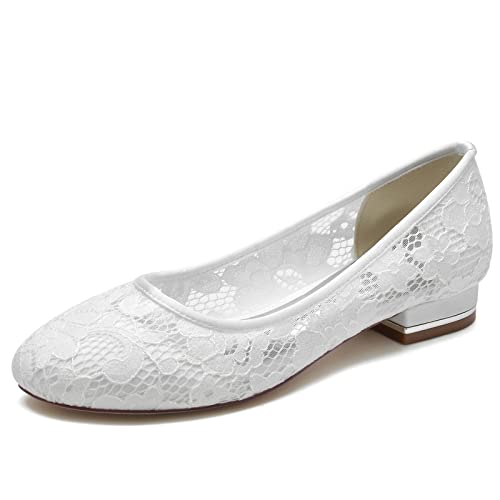 ZZQCCHL Frauen Spitze Mesh Brautschuhe Slip-on Runde Zehe Hochzeit Wohnungen Ballett Formal Kleid Schuhe,Weiß,41 EU von ZZQCCHL