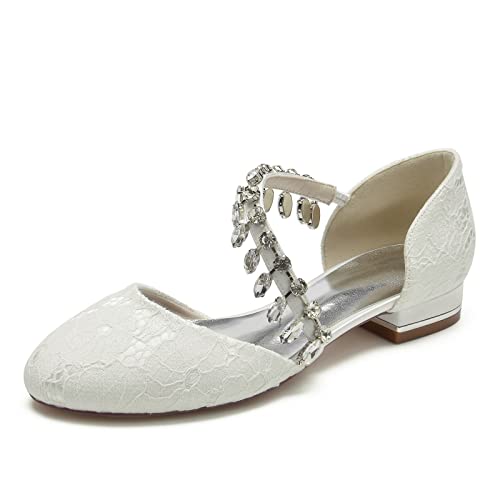 ZZQCCHL Frauen Spitze Strass Brautschuhe Runde Zehe Hochzeit Wohnungen Ballett Slip-on Formal Kleid Sandalen,Elfenbein,41 EU von ZZQCCHL