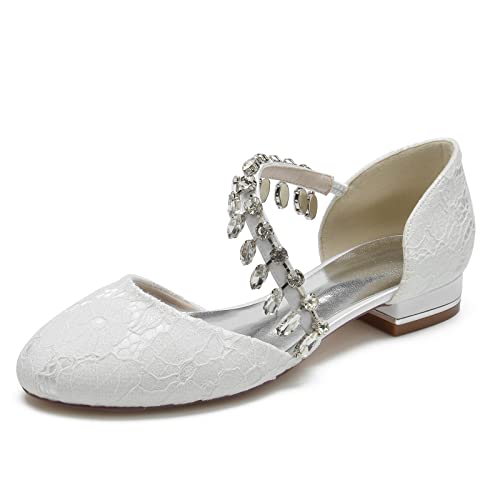 ZZQCCHL Frauen Spitze Strass Brautschuhe Runde Zehe Hochzeit Wohnungen Ballett Slip-on Formal Kleid Sandalen,Weiß,39 EU von ZZQCCHL