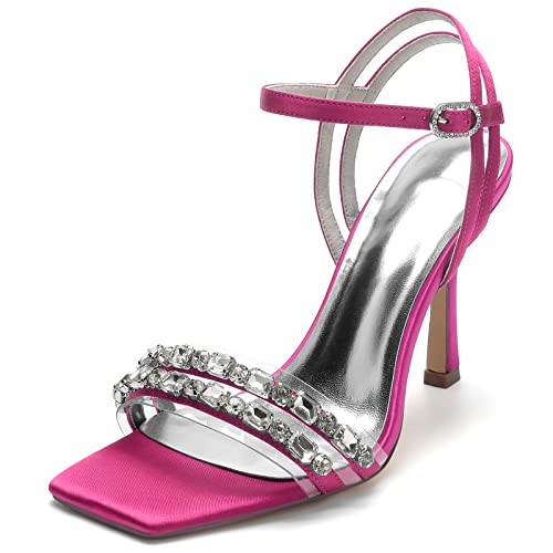 ZZQCCHL Knöchelriemen Stiletto Sandalen Square Toe Open Toe Hochzeitsschuhe 9,5 cm Partykleid Pumps mit Strass,Fuchsia,40 EU von ZZQCCHL