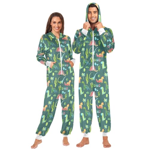 ZZXXB Dino Kakteen Onesie Pyjama für Erwachsene Frauen Männer Lange Ärmel Einteiler Onesies Kapuze Nachtwäsche S-XL, grün, L von ZZXXB