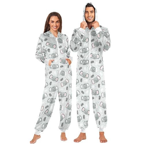 ZZXXB Elefant Blatt Onesie Pyjama für Erwachsene Frauen Männer Lange Ärmel Einteiler Onesies Kapuze Nachtwäsche S - XL, grau, S von ZZXXB