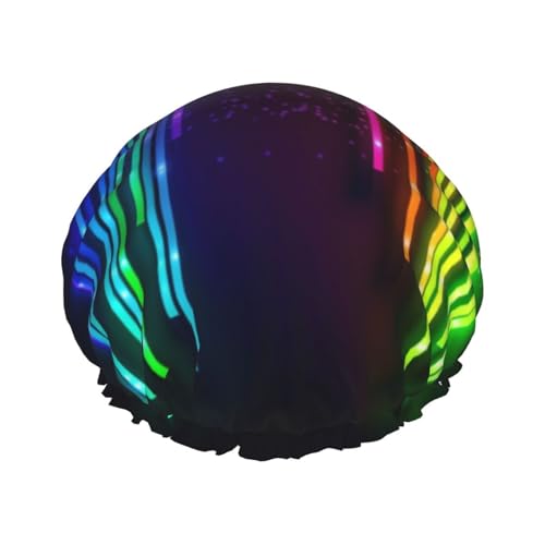 Duschhaube mit Regenbogen-Neon-Druck, doppellagig, wasserdicht, elastisch, wiederverwendbar, Duschhut für Damen, Spa-Salon von ZaKhs