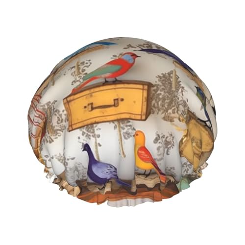 Duschhaube mit Vogel- und Vogelfall-Druck, doppellagig, wasserdicht, elastisch, wiederverwendbar, für Damen, Spa, Salon von ZaKhs