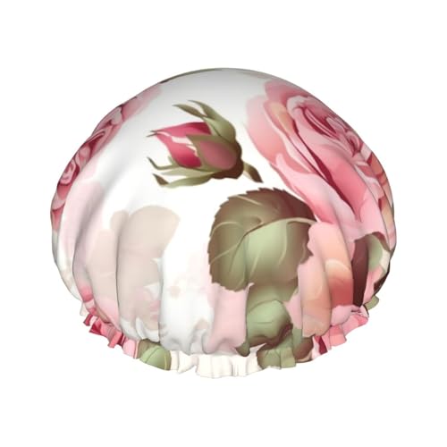 Duschhaube mit rosa Rosen-Blumenmuster, doppellagig, wasserdicht, elastisch, wiederverwendbar, für Damen, Spa, Salon von ZaKhs