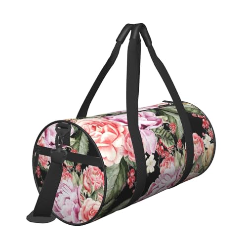 Reisetasche, Motiv: Pfingstrosen, Blumen, Rose, mit Tasche und verstellbarem Riemen, große Sporttasche, modische Yoga-Tasche für Damen und Herren, Schwarz , Einheitsgröße von ZaKhs