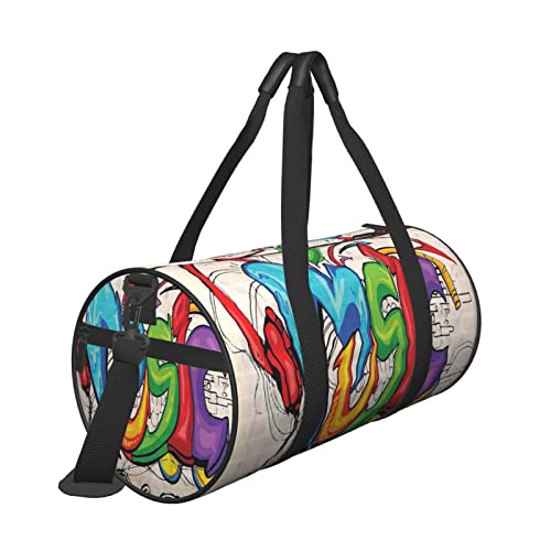 Reisetasche mit Musik-Graffiti-Stil, mit Tasche und verstellbarem Riemen, große Sporttasche, modische Yoga-Tasche für Damen und Herren, Schwarz , Einheitsgröße von ZaKhs