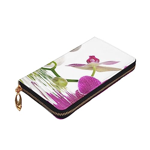 ZaKhs Purple Orchid Print Damen Geldbörse Leder Reißverschluss Münzbörse Groß Kartenetui Brieftasche für Urlaub Geschenk, Schwarz , Einheitsgröße von ZaKhs