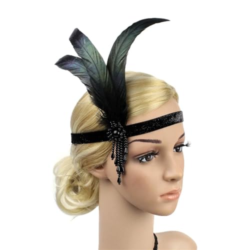 Damen-Kopfschmuck, Feder-Flapper-Stirnband, glänzend, Kopfschmuck, Kopfschmuck, Vintage-Stil, Abschlussball, Haarschmuck, Schwarz von Zadaos