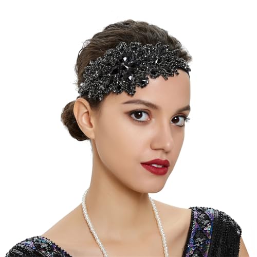 Haarreif für Damen, schwarz, Strass, elastisch, handgefertigt, Brautschmuck, Hochzeitszubehör, Fascinator, Haarschmuck, Schwarz von Zadaos