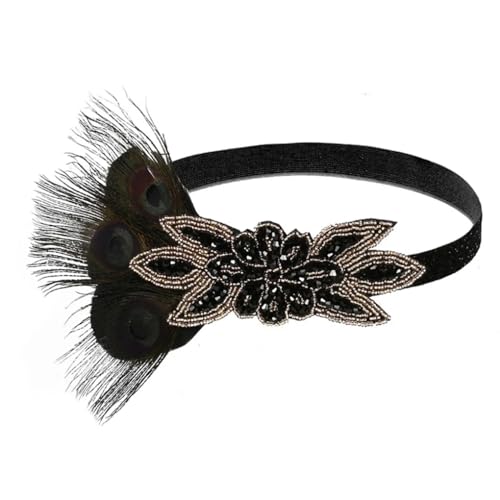 Ym5997 Damen-Kopfschmuck mit Pfauenfedern, Flapper-Zubehör, Art-Deco, 20er-Jahre-Stil, Showgirl-Stirnband, Party-Haarband, Schwarz von Zadaos