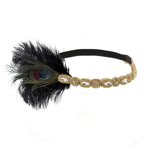 Zadaos 1920er Flapper-Stirnbänder, Strass-Kopfschmuck mit Pfauenfedern, Schmuckstück, Haarschmuck, Showgirl-Kopfschmuck, Gold und Schwarz von Zadaos