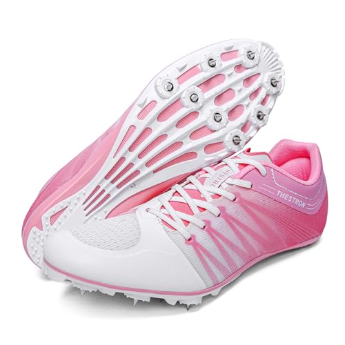 Zakey Leichtathletikschuhe Herren Damen Kinder Spikes Turnschuhe Track Race Springen Turnschuhe Mädchen Professionelle Laufen Nagel Spikes Schuhe Jungen, Weiß/Pink, 36 EU von Zakey